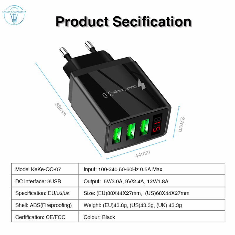 Củ sạc nhanh hỗ trợ QC3.0 gồm 3 cổng cắm sạc USB và màn hình LED hiển thị điện áp DG Bộ sạc dự phòng