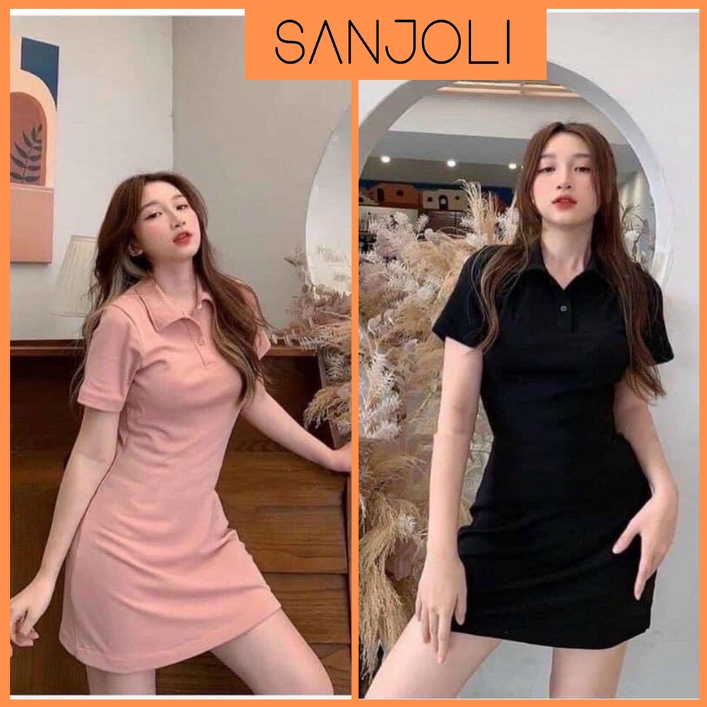 ✤Váy Thun Suông SANJOL Đầm Polo Nữ Ôm Body Vải Cotton Sang Chảnh Hàn Quốc, Đi Chơi Biển Thiết Kế 3 Màu Xám Đen Hồng VD03