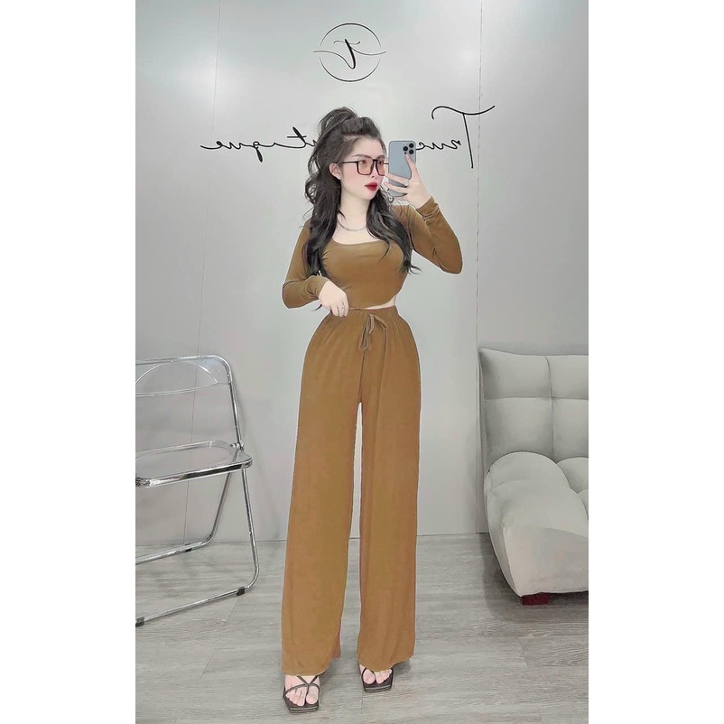 Set bộ thun áo vạt  bầu  cổ vuông tay dài, quần ống suông rộng thiết  kế đơn giản  mặc  đi chơi sang chảnh,dễ thương