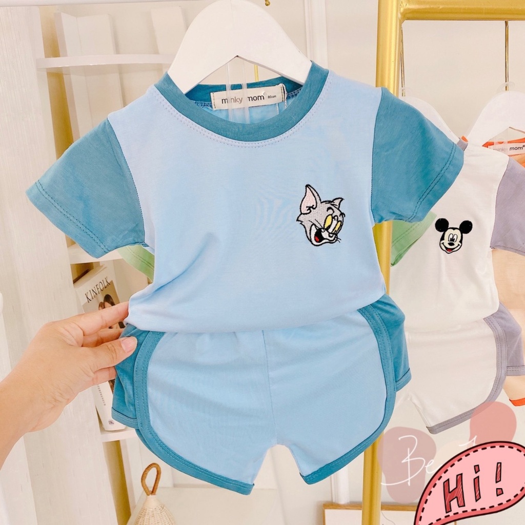 Quần Áo Trẻ Em, Bộ Minky Mom Cộc Tay Chất Thun Lạnh Thêu Hình Chuột Mèo