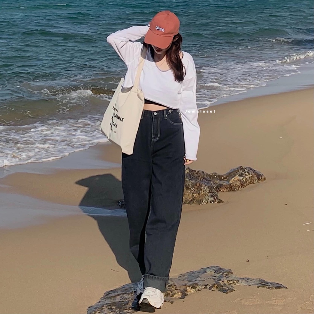 Quần Jean Ống Rộng JEMCLOSET Quần Bò Nữ Ống Đứng Màu Đen ZEENI Có Nút Cài Eo Dễ Mix Đồ Style Hàn Phong Cách Cá Tính 2658