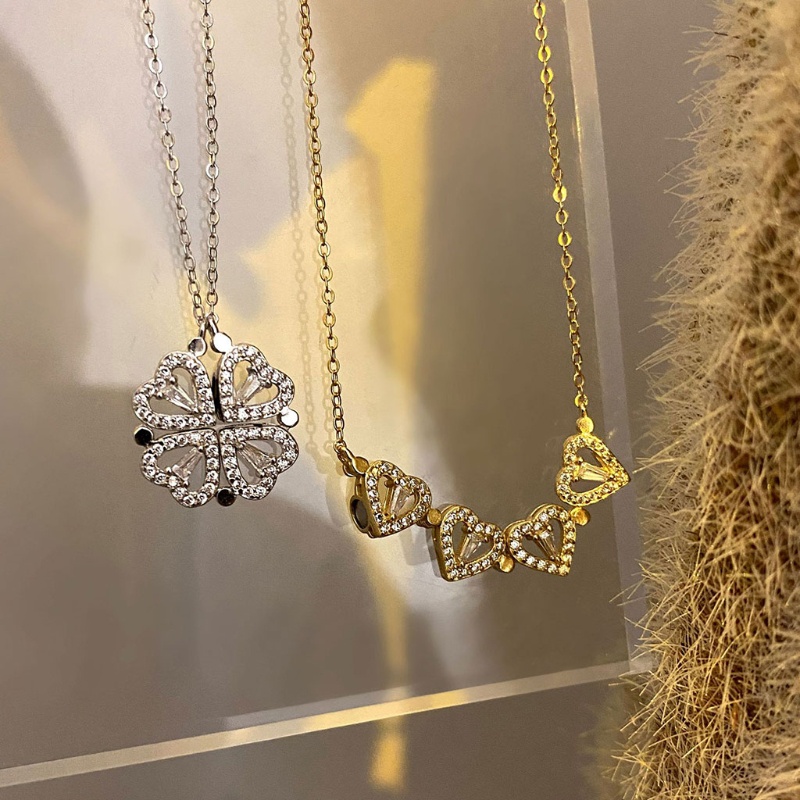Vòng cổ choker dây xích mặt cỏ 4 lá hình trái tim từ tính gấp gọn được nhiều kiểu