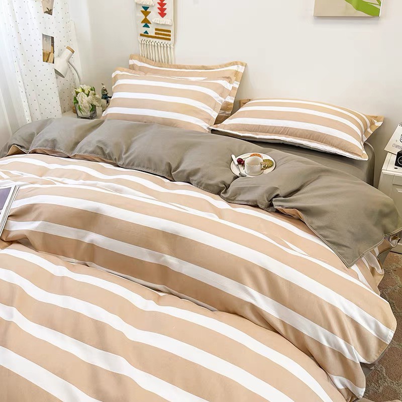 Bộ chăn ga gối cotton poly Lidaco decor phòng ngủ vintage - Kẻ ngang be (SP001477)