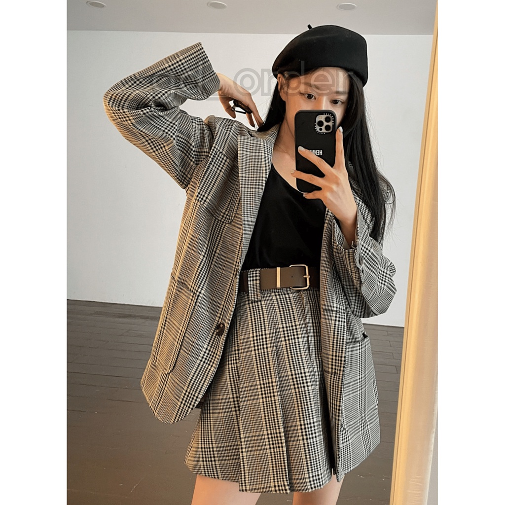 B81|Set bộ áo vest caro kẻ sọc đồng phục cổ điển kèm váy xếp ly ngắn thanh lịch, công sở gd_order