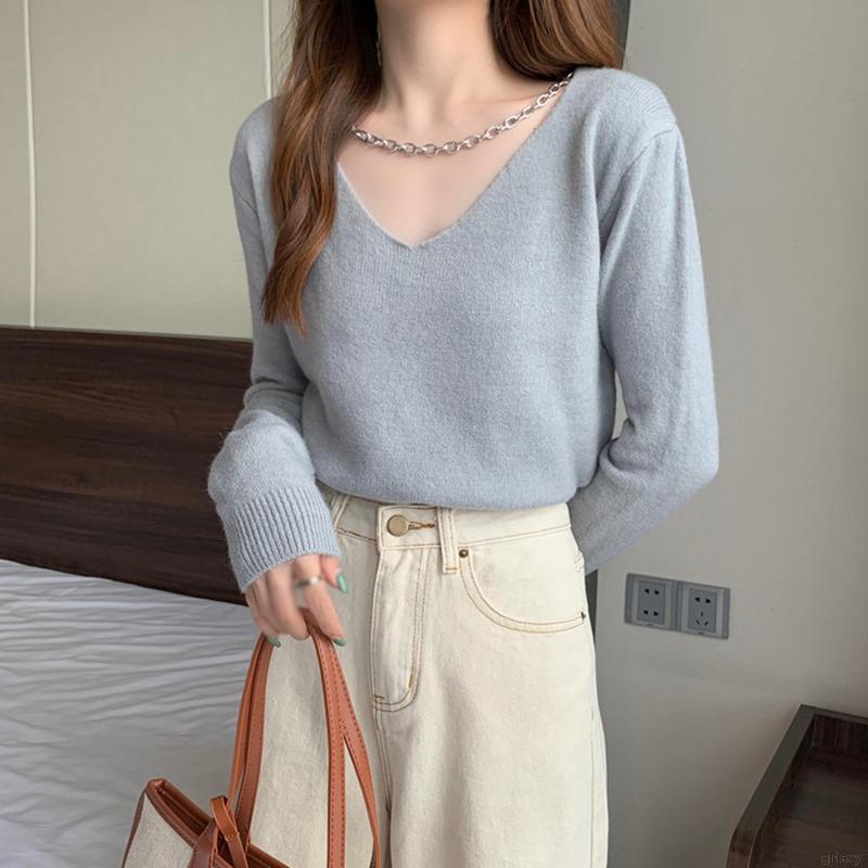 Áo Len Tay Dài Cổ Chữ V Màu Trơn Phối Dây Xích Thời Trang Hàn Quốc Cho Nữ