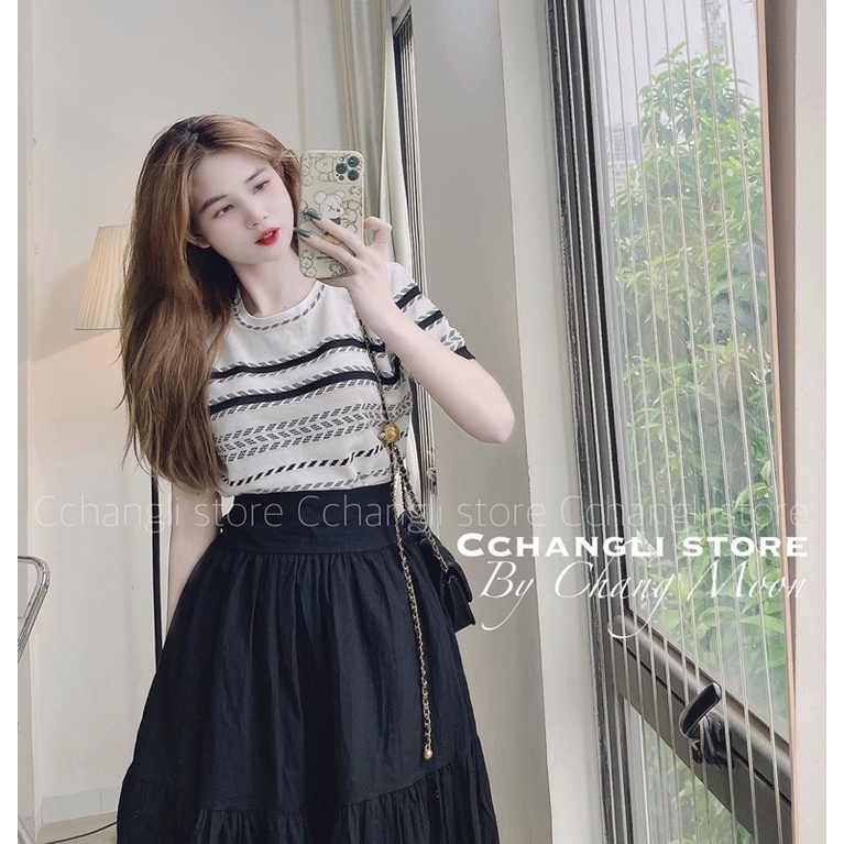 Áo Len mongtoghi tay cộc viền kẻ cổ tròn, hàng mới siêu hot