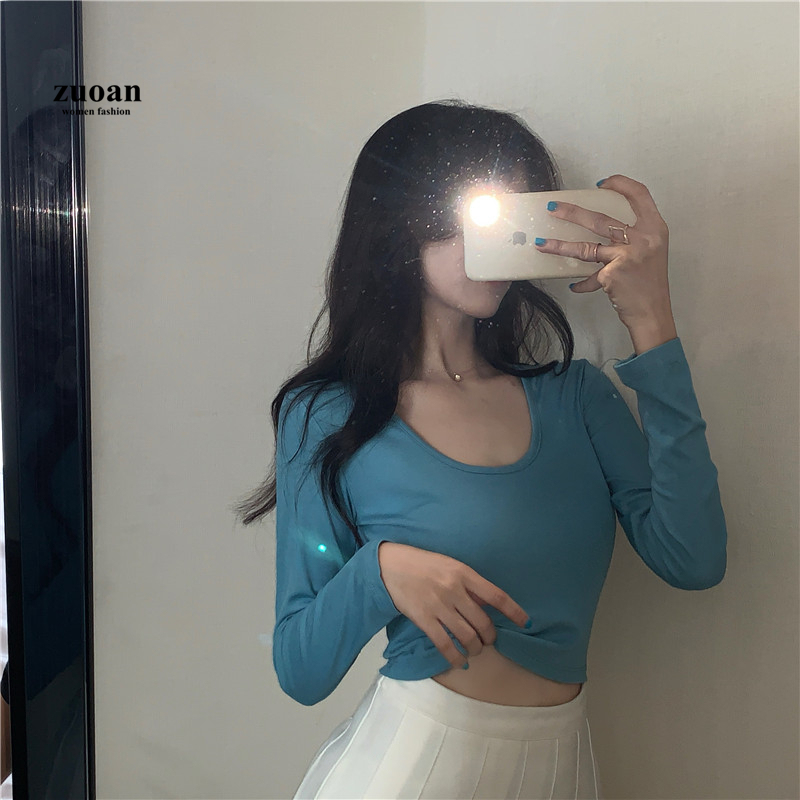 SUXI Áo thun dài tay cổ tròn nhiều màu sắc thời trang nữ đơn giản