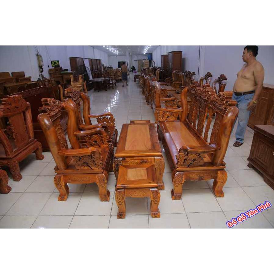 Bàn ghế sa lông đẹp gỗ xoan đào, mặt gỗ gõ đỏ bao lam tay 10 chạm Nghê SA027