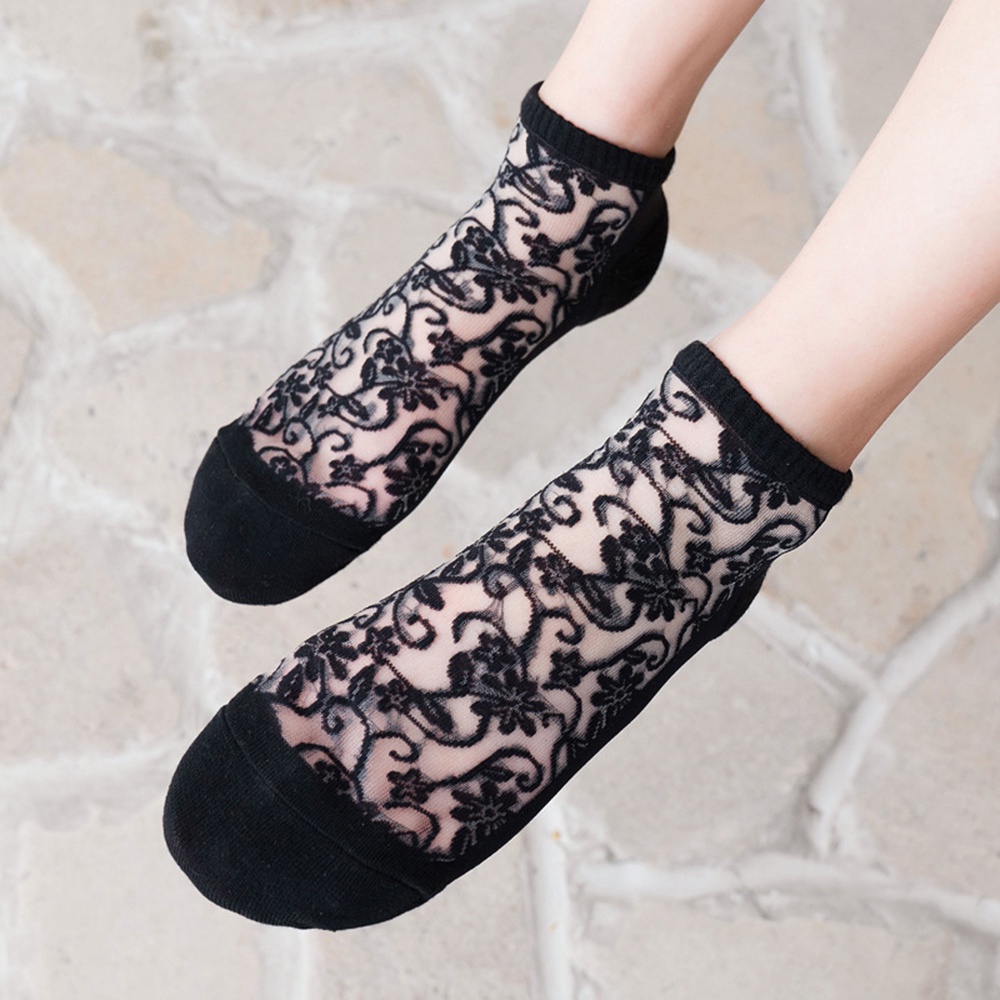 Tất cổ chân ngắn phối ren đơn giản lụa thủy tinh vintage chống trượt thời trang mùa hè 2021 nhiều màu cho nữ BACK2LIFE