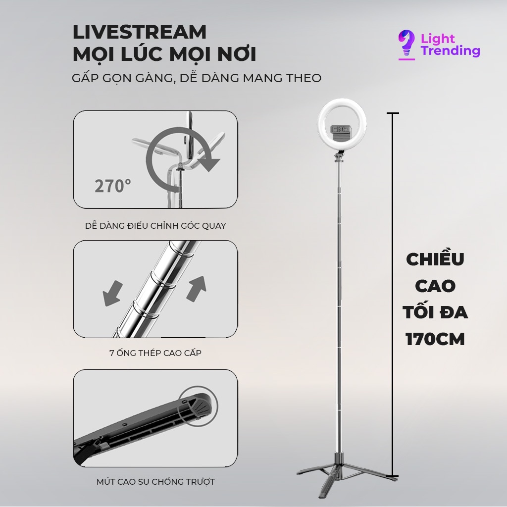 Giá đỡ điện thoại, đèn chụp ảnh thế hệ mới, Dụng cụ hỗ trợ livestream, Điều khiển chụp ảnh từ xa, Bảo hành 12 tháng