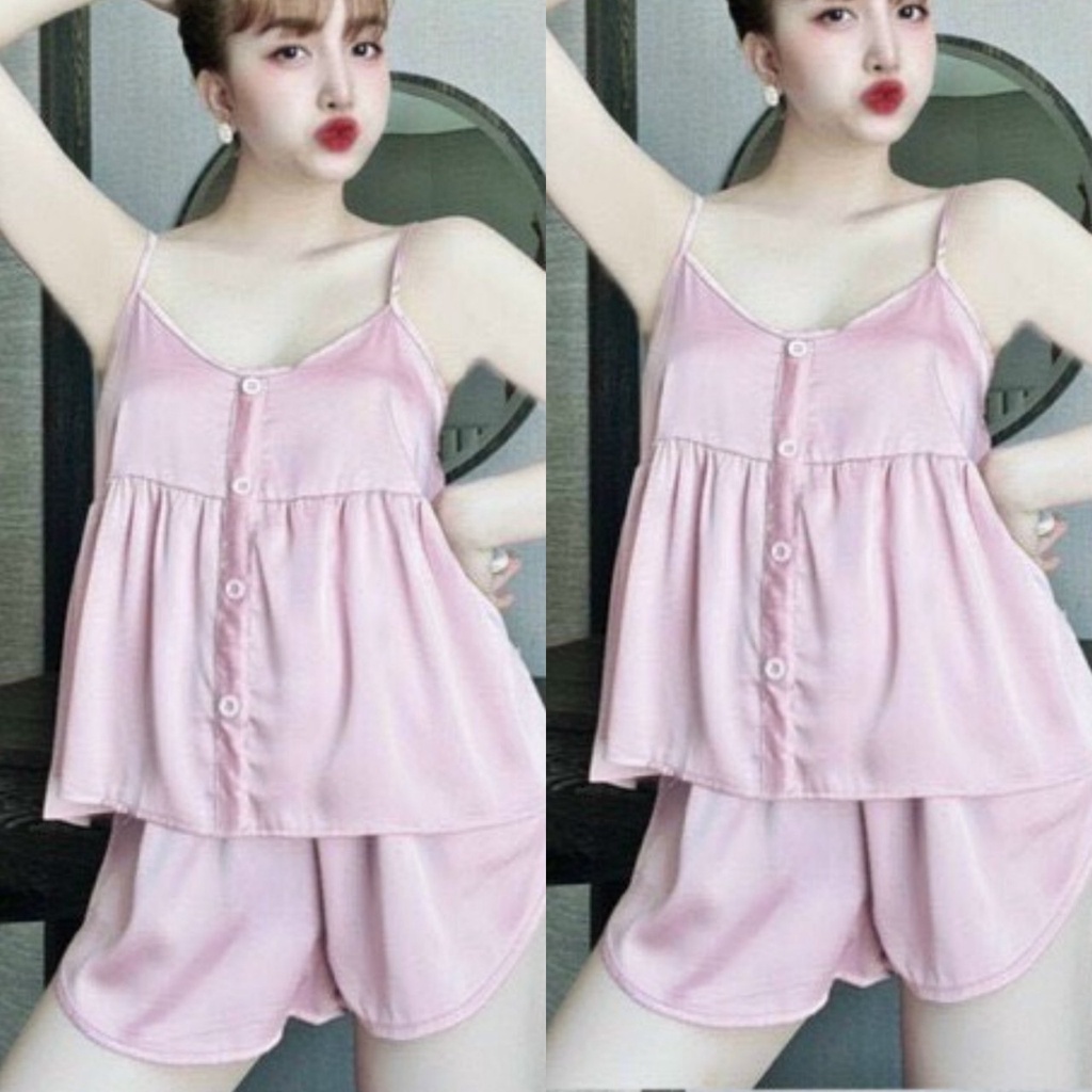 Bộ ngủ hai dây sexy lụa satin Freesize dưới 60kg