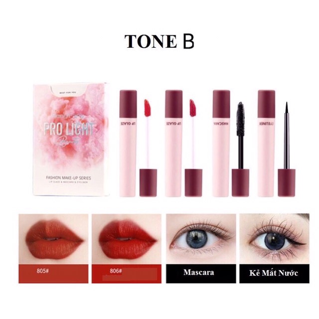 Set trang điểm 4 món hengfang : kẻ mắt nước, mascara,2 son kem lì mỹ phẩm nội địa trung