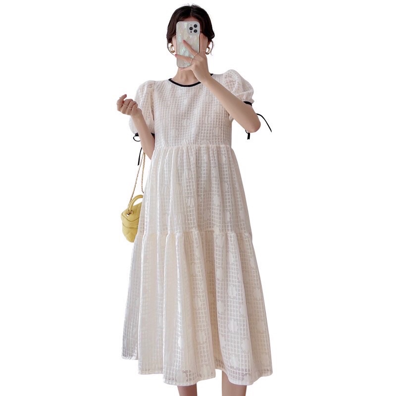 Váy đầm bầu hè thu dáng xuông ba tầng babydoll kẻ caro ren hai lớp công sở đi chơi thiết kế cao cấp