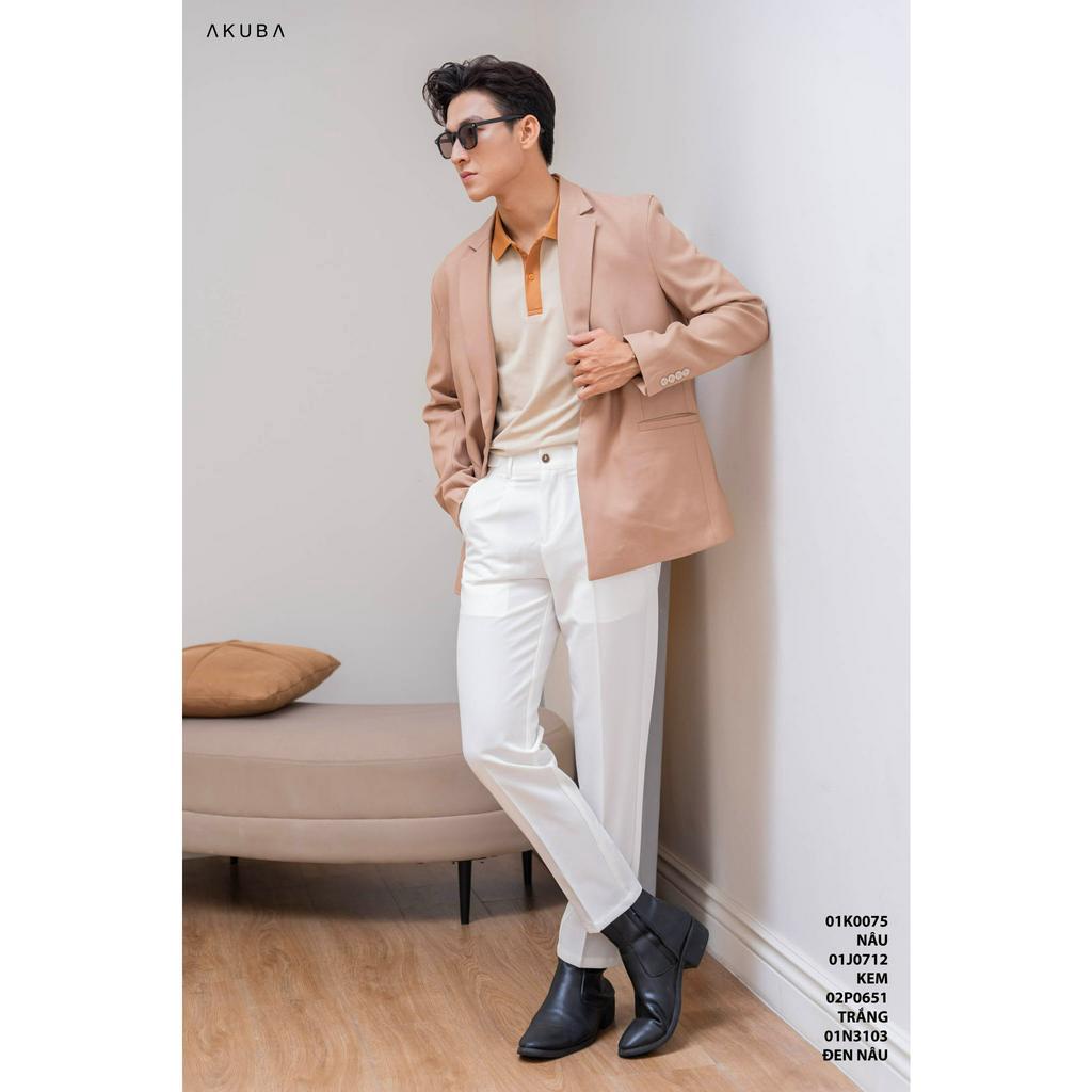 Áo khoác Blazer nam AKUBA form regular, không ôm, vải fresco, đứng form, ít nhăn, có 1 nút, phong cách Hàn Quốc 01K0075