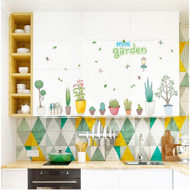 Decal trang trí tường - Nhiều Chậu Cây Mini Garden hoạt hình