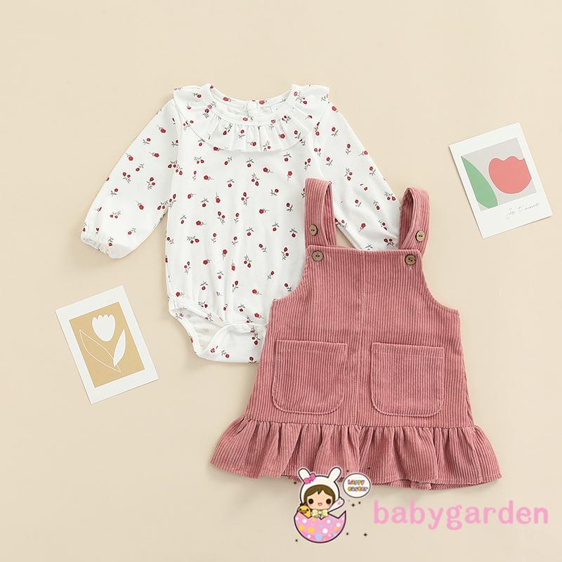 Set 2 món áo liền quần tay dài in hoa phối bèo màu sắc dễ thương thời trang xuân thu cho bé gái