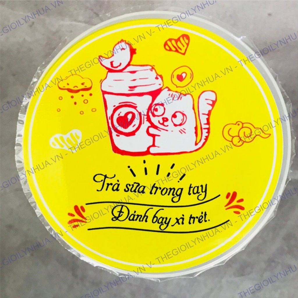 Màng dập ly nhựa, cuộn keo ép ly nhựa, màng ép ly trà sữa in sẵn dập các loại ly từ 300ml đến 700ml mã 823