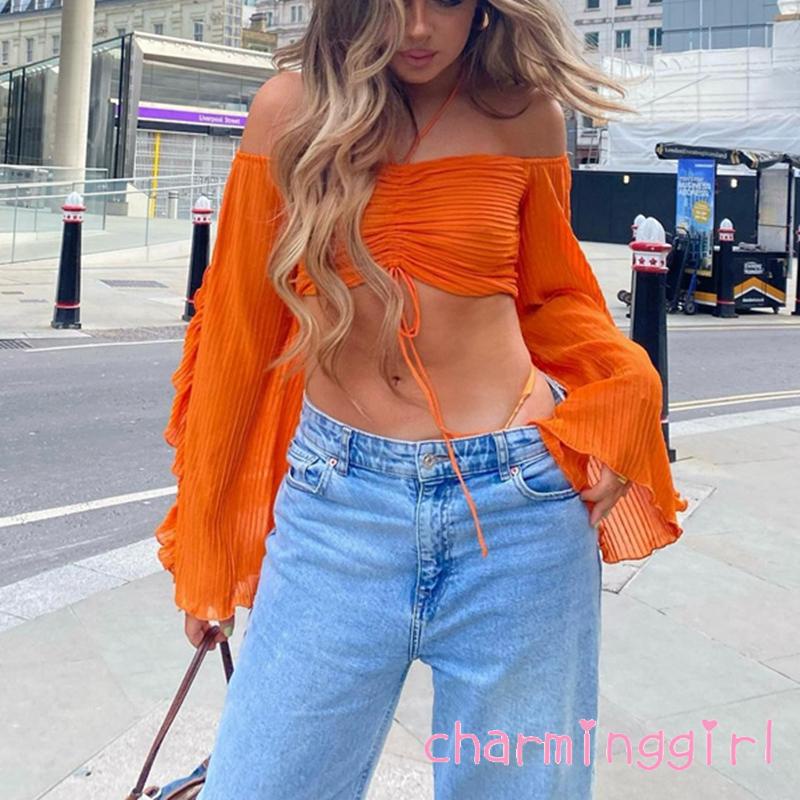 QAQ-Women´s Off Shoulder Short Tops Long Sleeve Halter Neck Solid Color Ruched Crop Tops