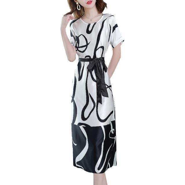 2020 new silk print dress women summer temperament round neck loose and thin mother's medium length A-line skirt | BigBuy360 - bigbuy360.vn