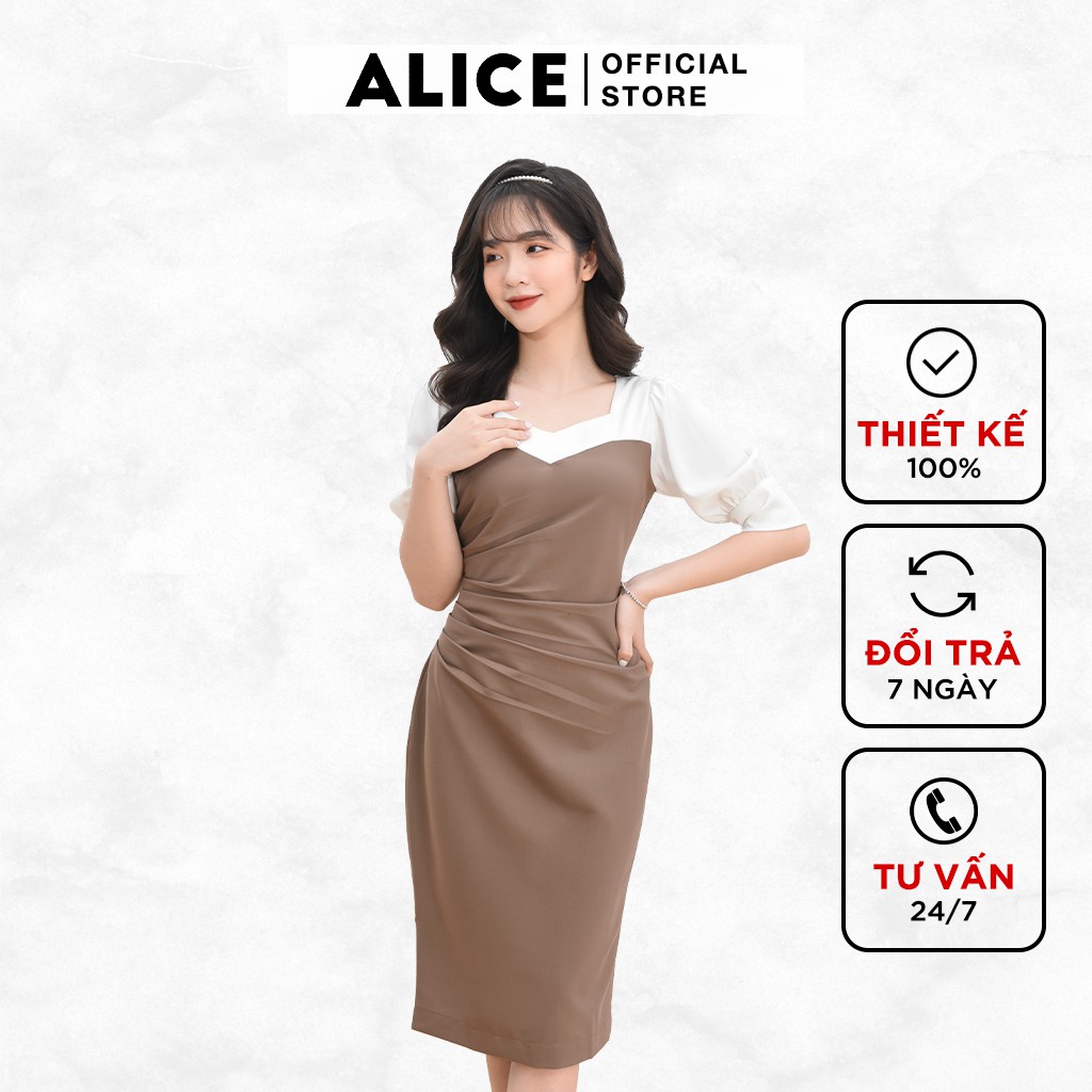 Váy Nữ Công Sở Cổ Vuông ALICE Thiết Kế Dáng Ôm Xếp Ly Tay Lỡ Bồng Phong Cách Sang Trọng, Thanh Lịch V681