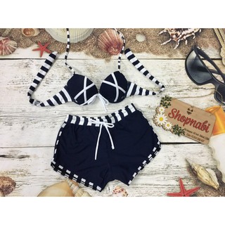 HOTĐồ bơi bikini mút dày nâng ngực xanh đen phối sọcSieu HOT