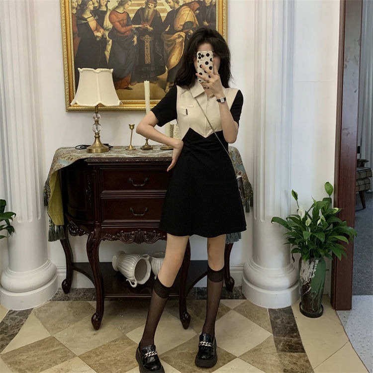 Đầm Chữ A Tay Ngắn Cổ POLO Màu Sắc Tương Phản Thời Trang Dành Cho Nữ