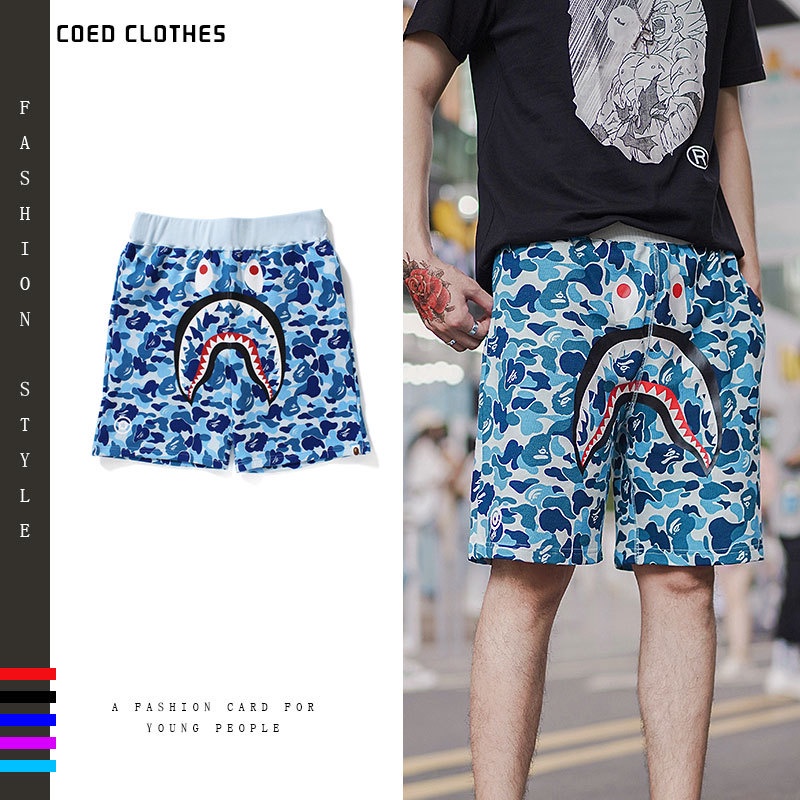 Bape Quần Short Họa Tiết Đầu Cá Mập Họa Tiết Rằn Ri Phong Cách Nhật Bản Cho Nam Và Nữ
