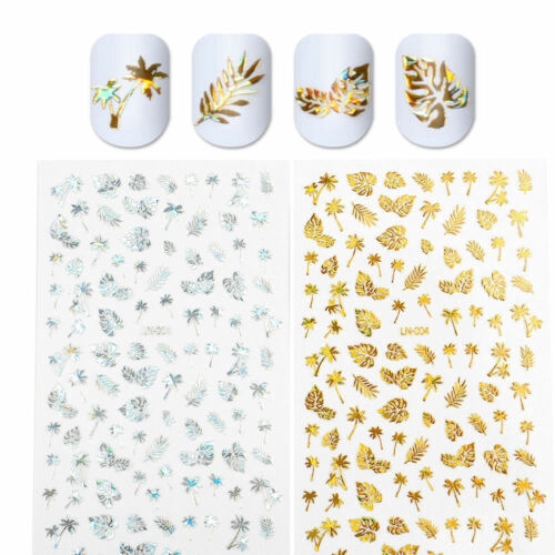 1 Sheet Gold Silver 3D Nail Sticker Leaf Coconut Tree Holographic Shiny DIY Nail Art Adhesive Transfer Sticker Decors