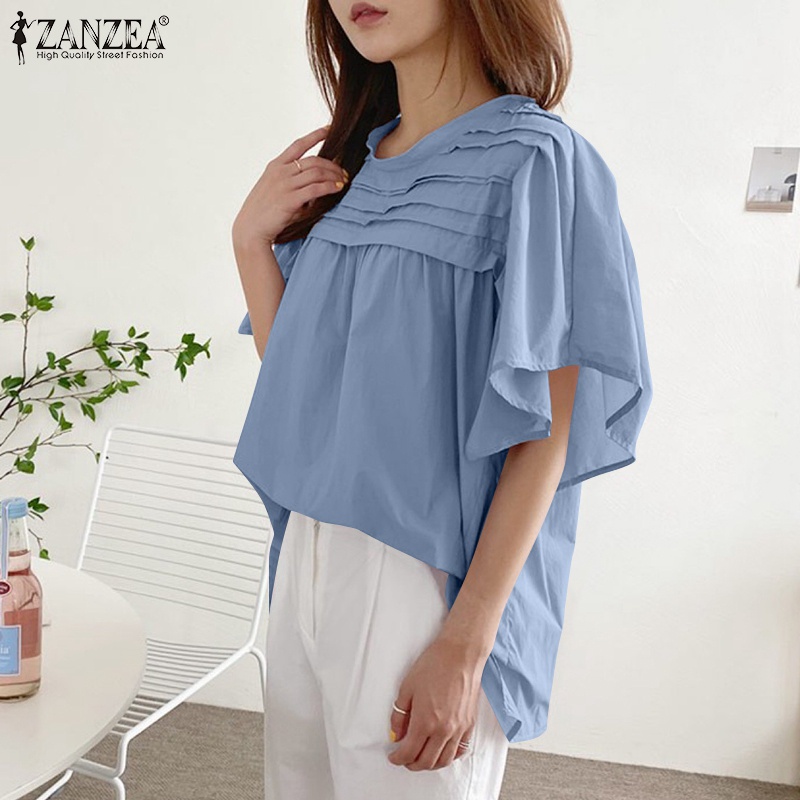 Áo kiểu ZANZEA tay loe ngắn cổ tròn xếp ly thời trang dành cho nữ