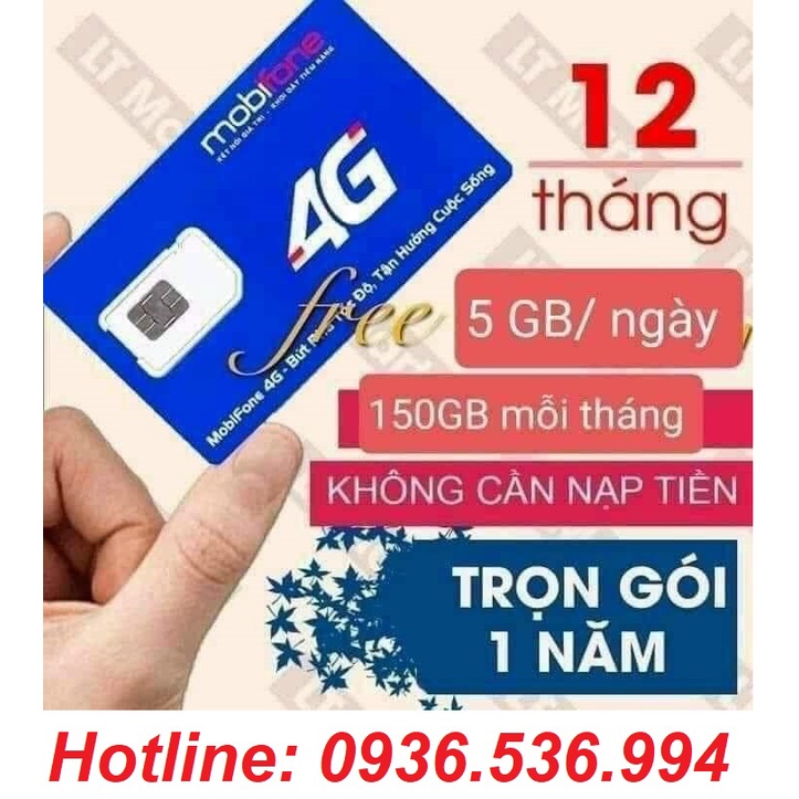 Sim vào mạng 1 năm- Sim data giá rẻ 4G Mobifone 12FD50 5GB/Ngày 150GB/tháng - Trọn Gói 12 tháng Không Cần Nạp Tiền