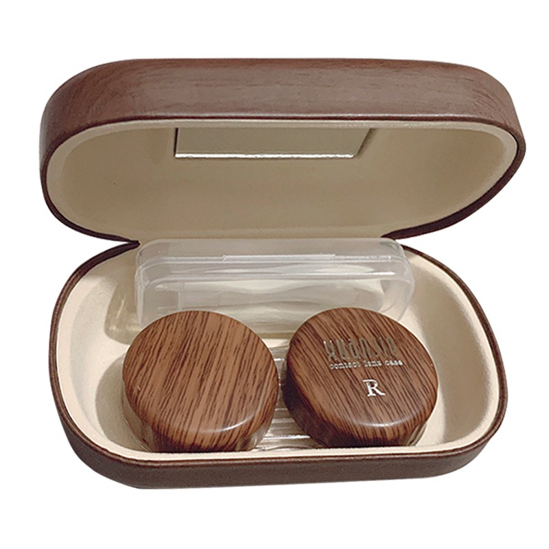 Hộp đựng kính áp tròng bằng da họa tiết vân gỗ phong cách Nhật Bản cổ điển