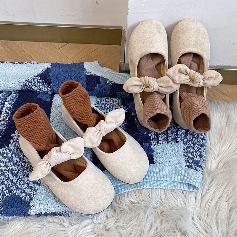 𝖙𝖍𝖊 𝖇𝖑𝖚𝖊 - CÓ SẴN Giày búp bê quai nơ da lộn phong cách nữ sinh Hàn Quốc