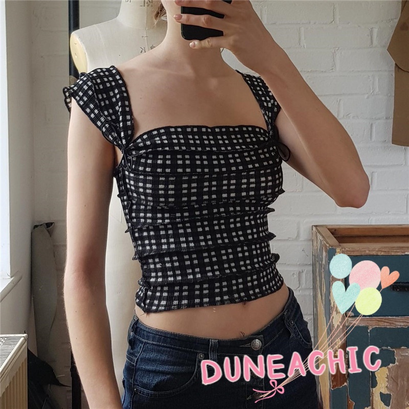 DUNEA Áo Tank Top Hai Dây Hở Lưng Họa Tiết Sọc Caro Thời Trang