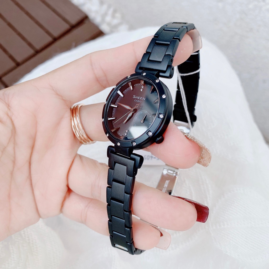 Đồng hồ nữ cao cấp Casio Sheen 4051BD Dây thép mạ ion đen mặt kính khoáng đính đá Bảo hành 1 năm Hyma watch