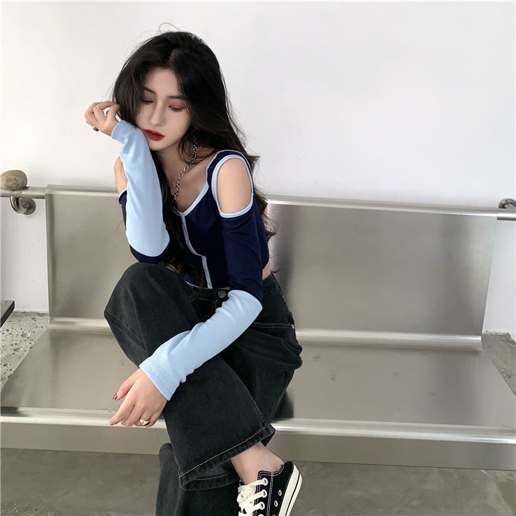 Áo thun COZOK tay dài trễ vai ôm dáng nhiều kiểu dáng phong cách retro