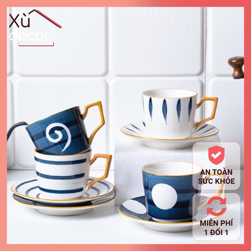 Cốc trà, cốc cà phê gốm sứ,họa tiết kiểu Nhật, kèm đĩa, dung tích 250ml