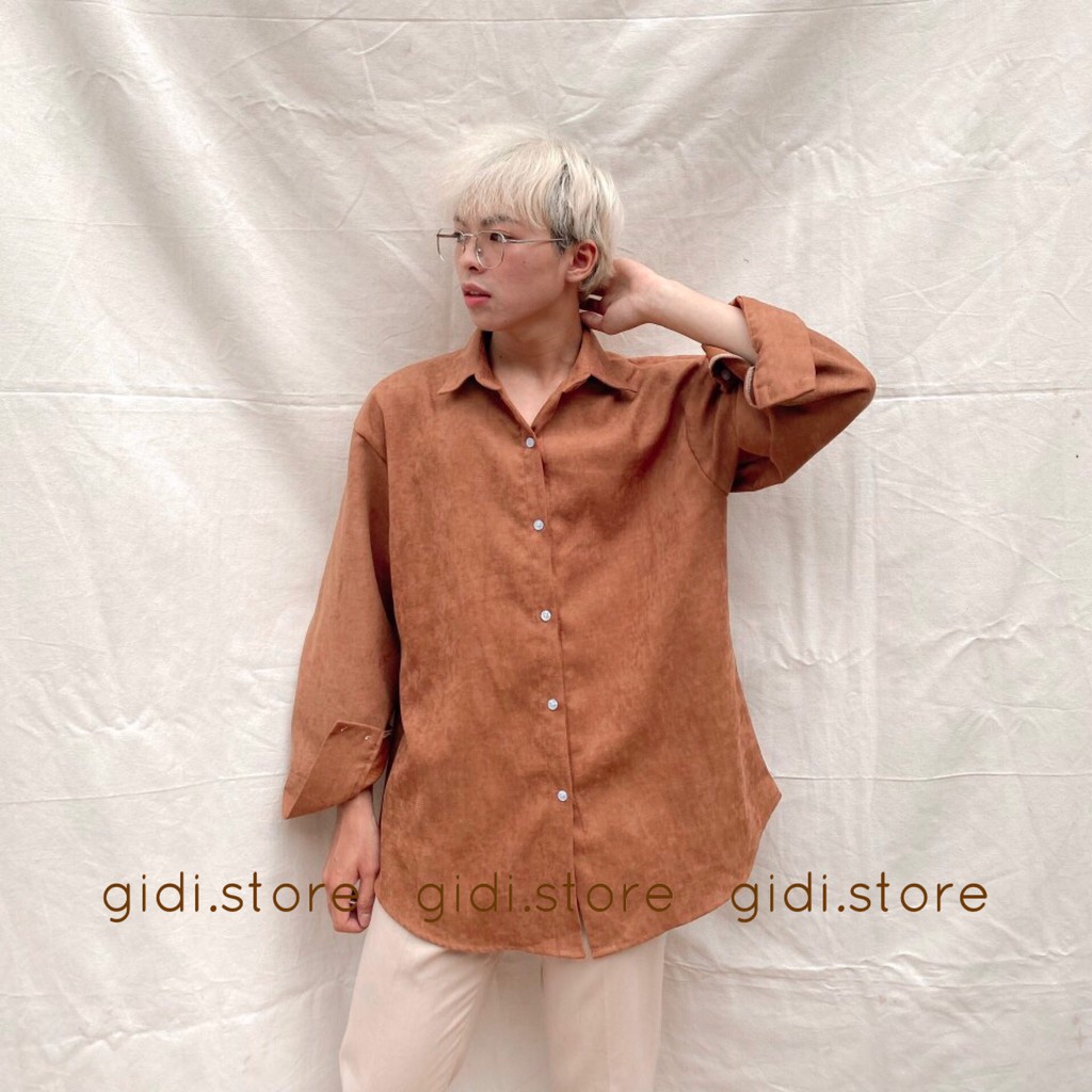 Áo Sơ mi KUPI Nam Nữ Unisex OVERSIZE tay dài, vải nhung tăm form rộng, không nhăn | BigBuy360 - bigbuy360.vn