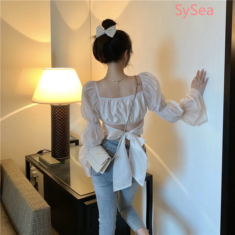 Áo kiểu tay phồng dài đính nơ phong cách hè thanh lịch cho nữ