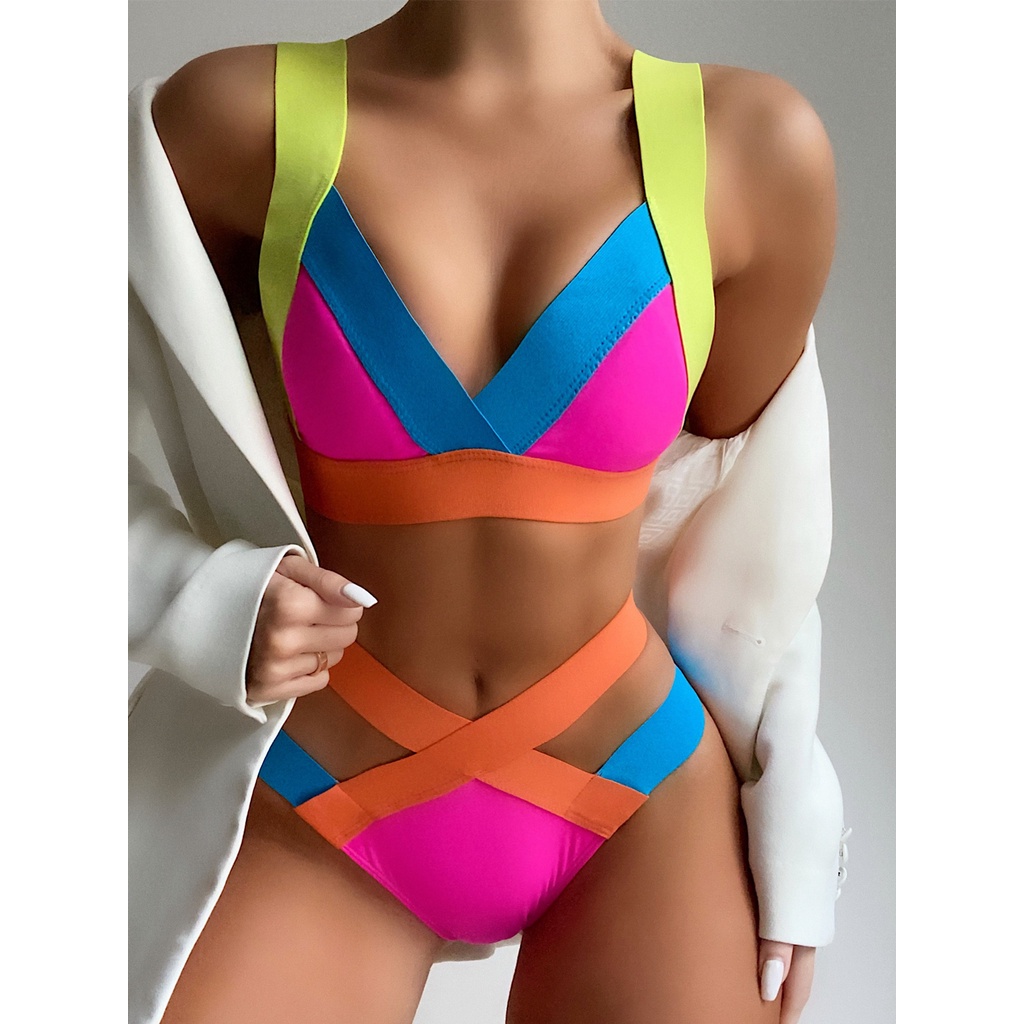 Set bikini màu sắc nổi bật lưng cao có mút nâng ngực quyến rũ dành cho nữ LG61