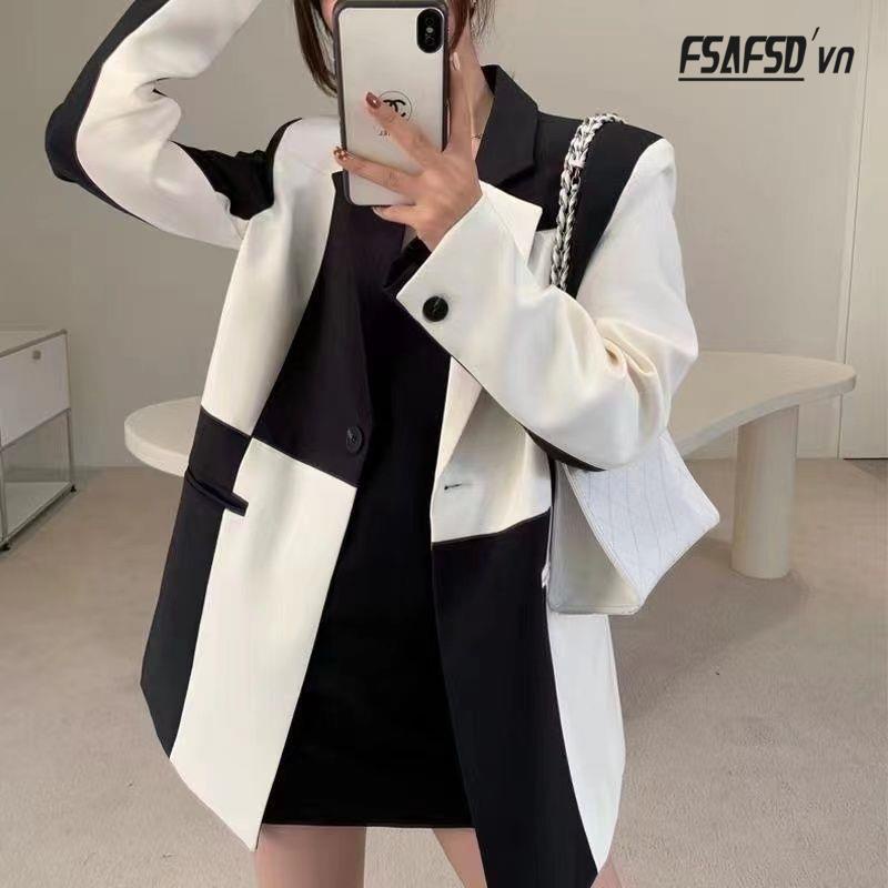 Áo Khoác Vest Dáng Rộng Cỡ Lớn Phối Màu Đen Trắng Thời Trang Xuân Thu 2022 Cho Nữ