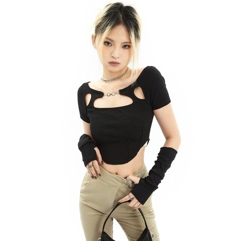 Áo croptop nữ tay ngắn HAGA vạt đuôi tôm cá tính ly eo ACT41