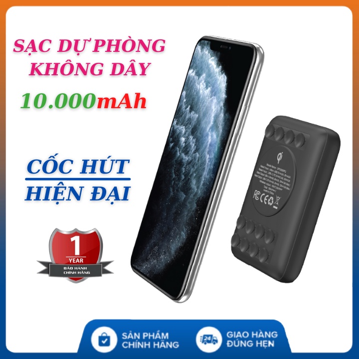 Sạc dự phòng không dây 10000 mah  FREESHIP  Tích Hợp Sạc Nhanh - Cốc hút chắc chắn (Suction Cup) , bảo hành 12 tháng