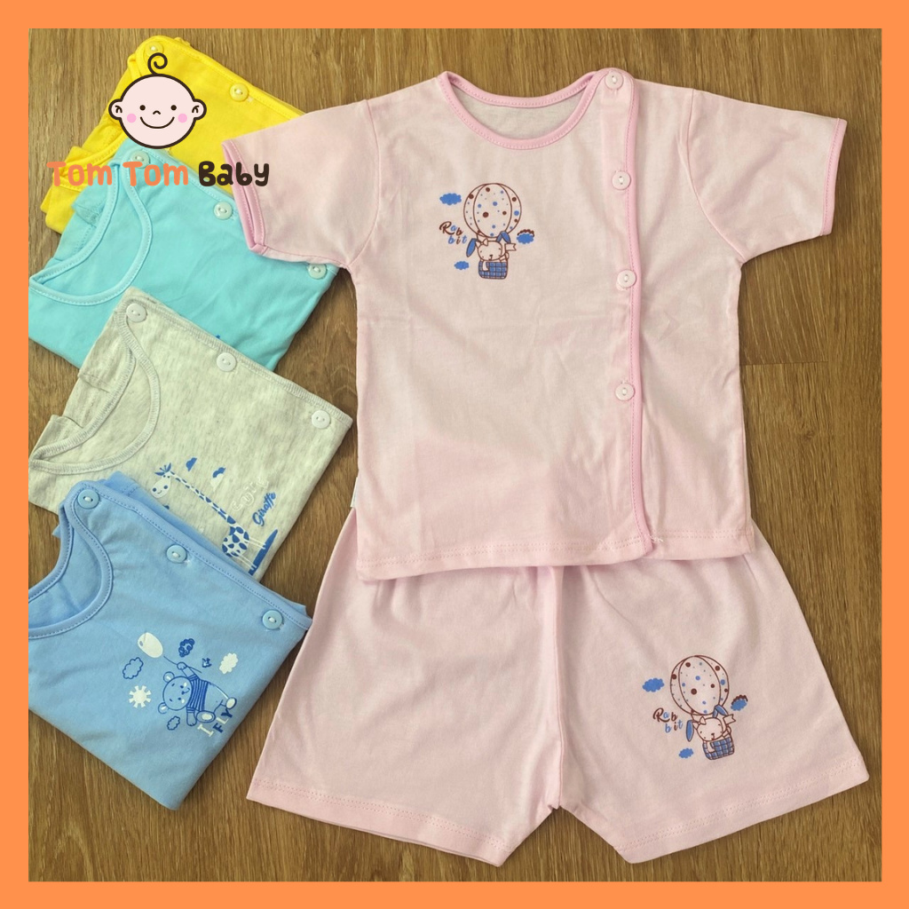 Bộ quần áo sơ sinh cotton Thái Hà Thịnh | Mẫu Tay Ngắn Màu Cài Nút Lêch | Size 1-3 cho bé sơ sinh -9kg