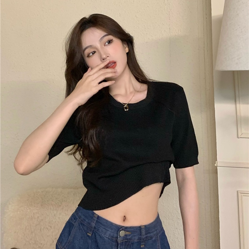 Áo dệt kim SUXI tay ngắn cổ tròn đơn giản dễ phối đồ phong cách cổ điển cho nữ