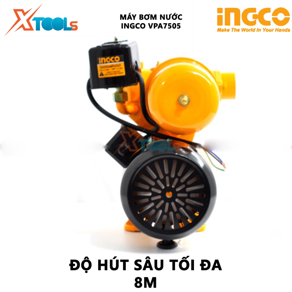 Máy bơm nước INGCO VPA7505 Máy bơm tăng áp Điện thế 220-240V~50Hz Công suất 750W(1.0HP) Chiều cao bơm tối đa 44 m bơm nư