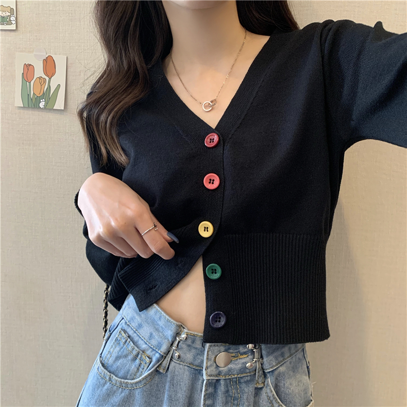Áo Croptop Dệt Kim Tay Dài Phối Nút Cầu Vồng Phong Cách Hàn Quốc