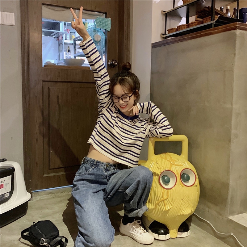 2020 new small retro hot girl short stripe T-shirt long sleeve top bottom | BigBuy360 - bigbuy360.vn