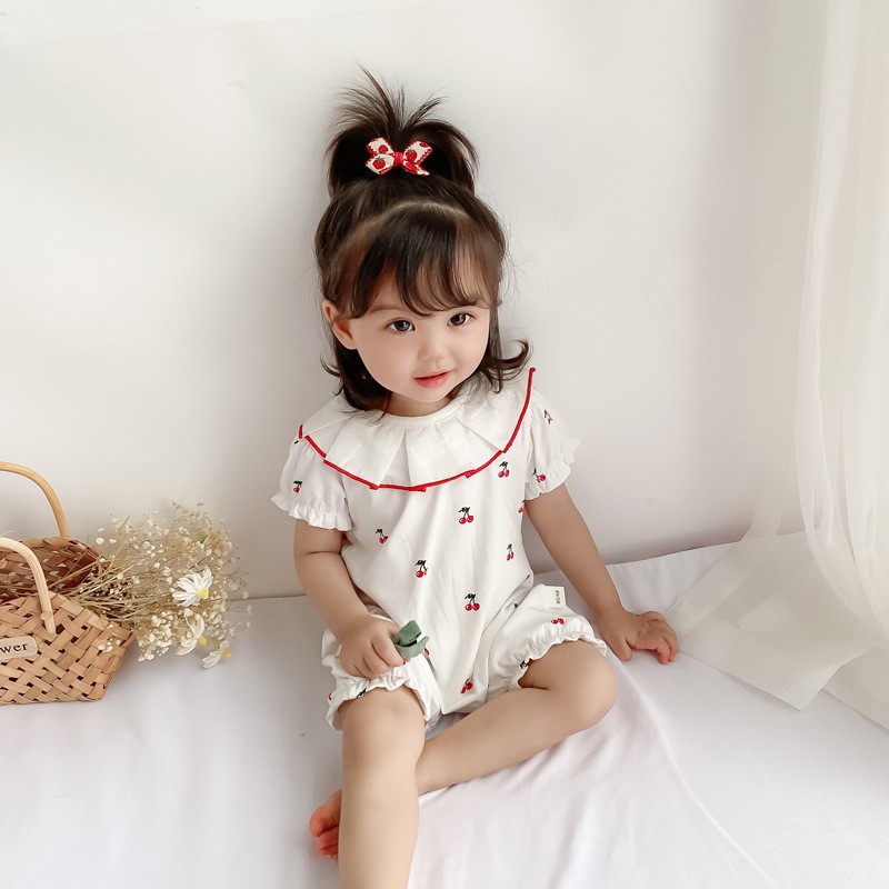 Cho bé bodysuit ngắn tay mùa hè mỏng Búp Bê Cổ Cherry 0-1 tuổi bé gái quần áo quần áo mặc bên ngoài