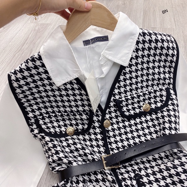 S522 Set đồ thu đông nữ, Áo gile caro chạy viền đen cá tính, phối vây sơ mi dáng dài