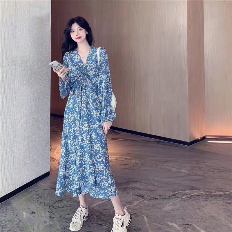 váy xanh đầm dài váy hoa nhí vintage đầm công sở váy cổ v đầm bigsize nữ đầm đi tiệc váy tiểu thư sang chảnh váy nữ xinh đầm tay dài
